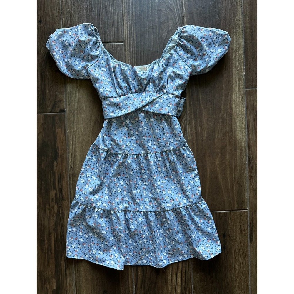 Altar'd State Women's Babydoll Dress Blue with Ties Size Small Floral Ruffled